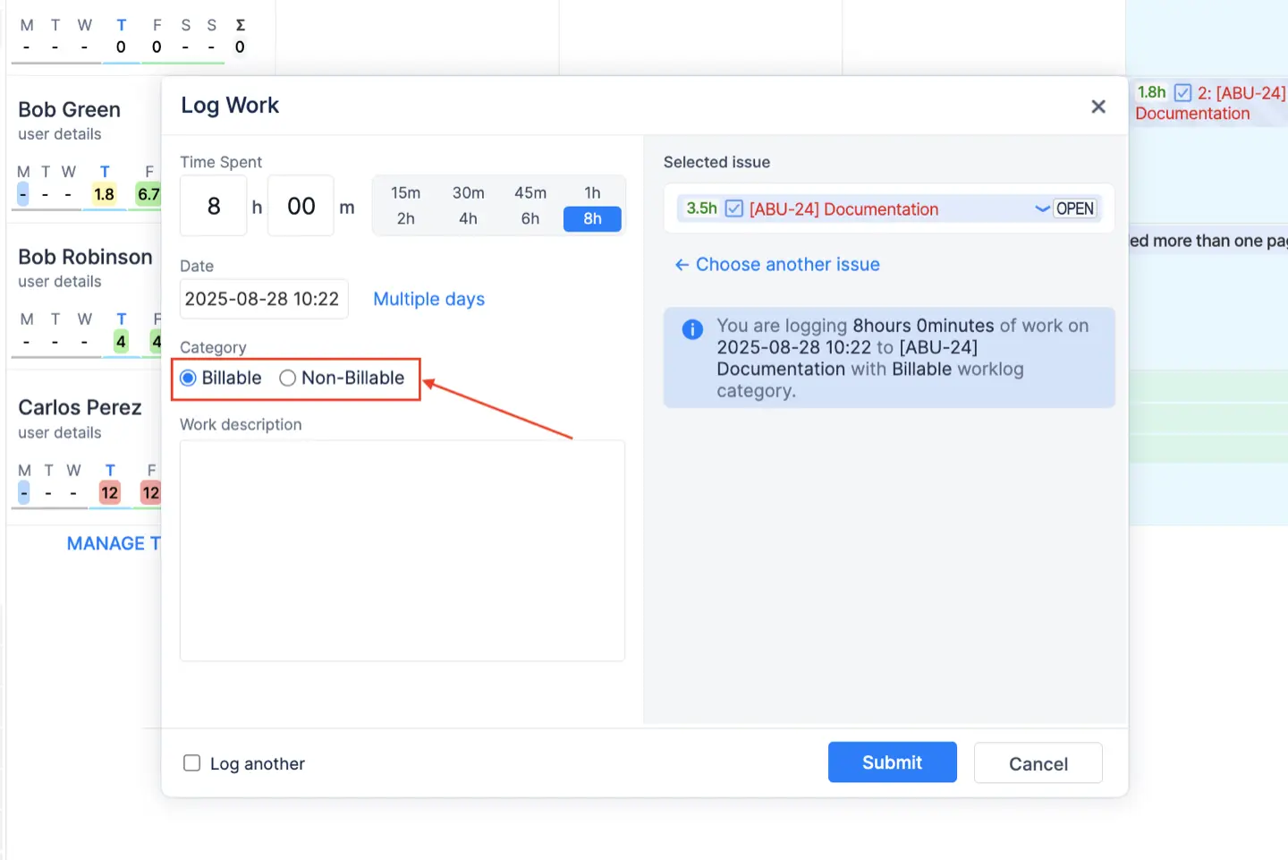 Worklog category field in Log Work