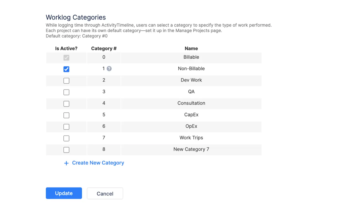 A screenshot of the ActivityTimeline Timesheets Configuration page showing the Worklog Categories section