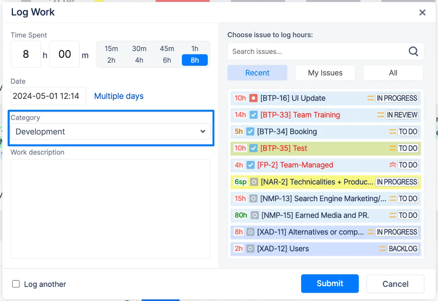 Log Work dialog with custom worklog categories