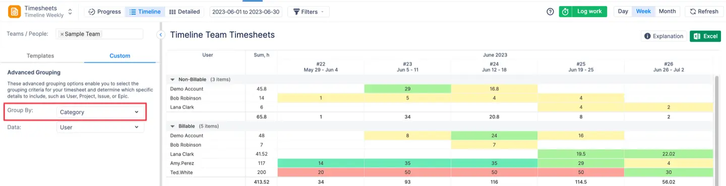 Timesheets grouping by custom worklog categories