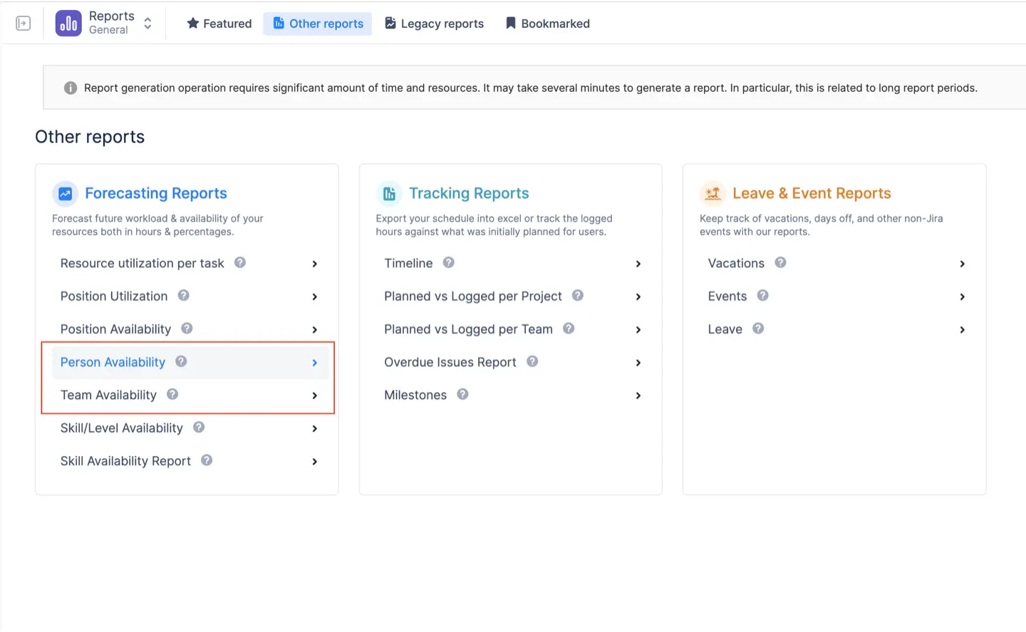 A screenshot of the ActivityTimeline Reports page, highlighting the Person and Team Availability Reports.
