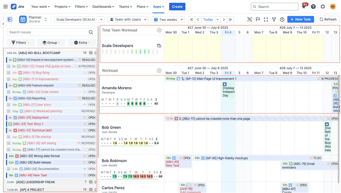 A screenshot of the ActivityTimeline main dashboard, showing user timelines populated with tasks from multiple Jira projects, illustrating its role as a central hub.
