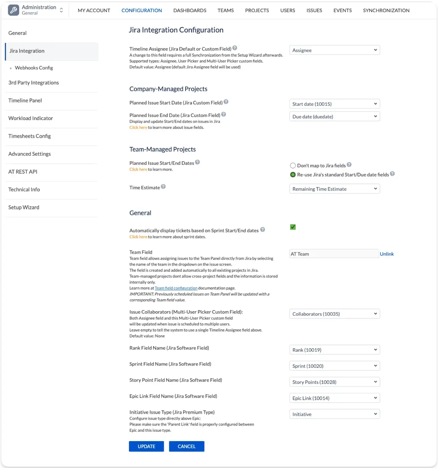 A screenshot of the ActivityTimeline "Jira Integration Configuration" page