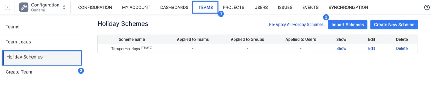 ActivityTimeline’s "Holiday Schemes" page, showing a list of imported schemes with the [TEMPO] prefix.
