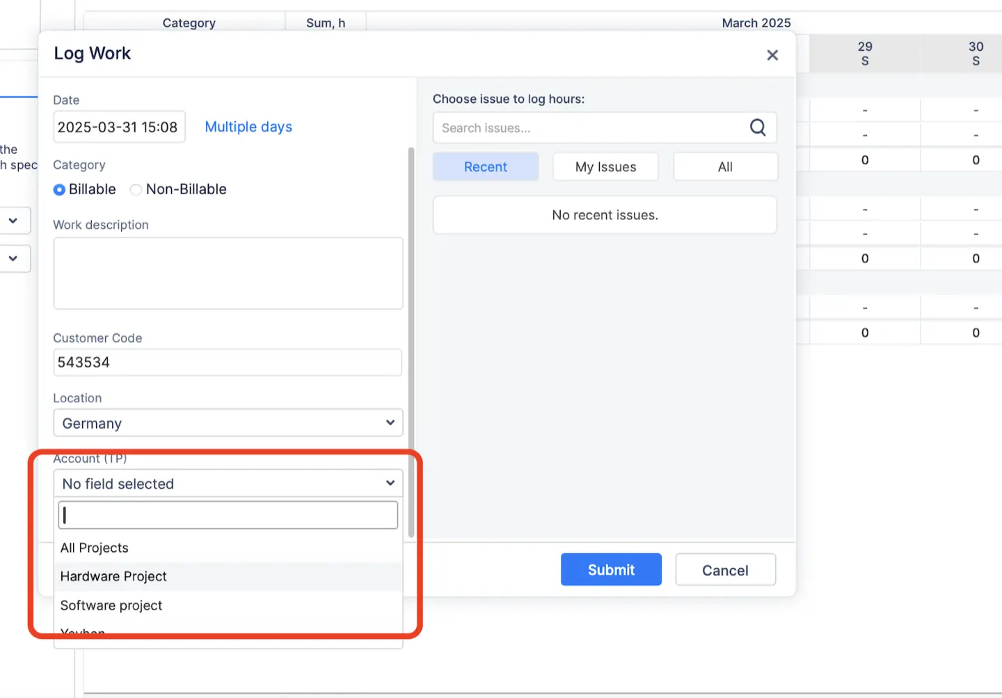 "Log Work" dialog, showing a custom "Account" dropdown field