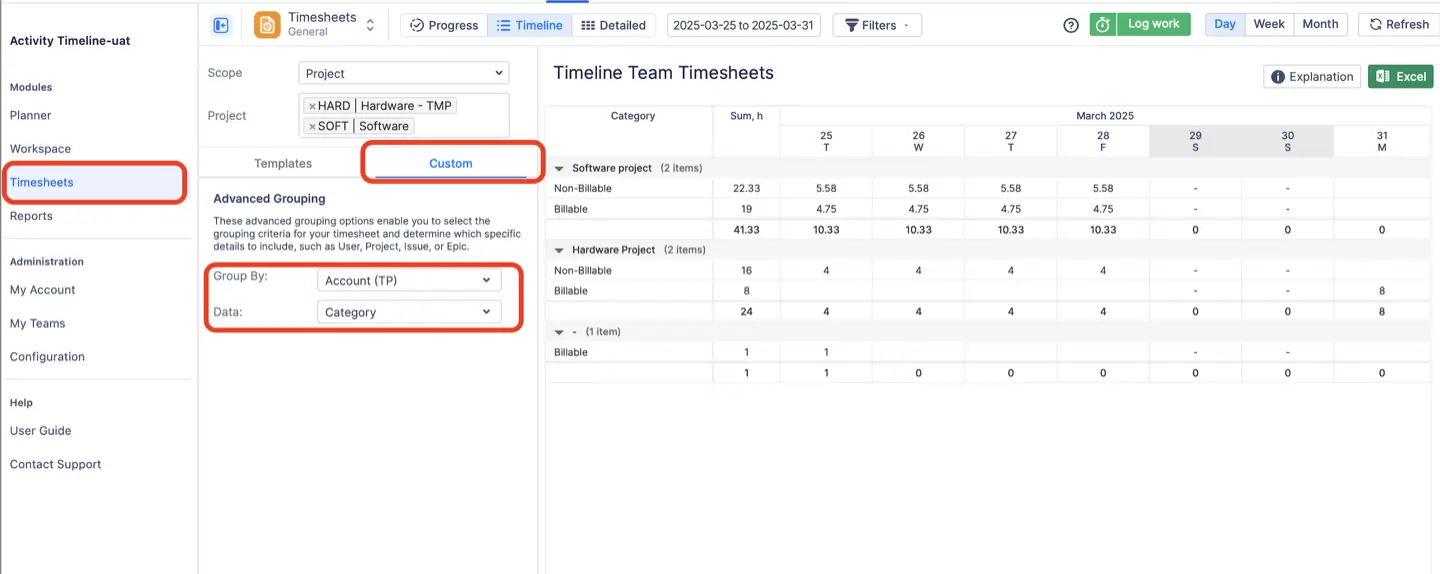 ActivityTimeline’s "Detailed Team Timesheets" in Custom view, showing worklogs grouped by "Account"