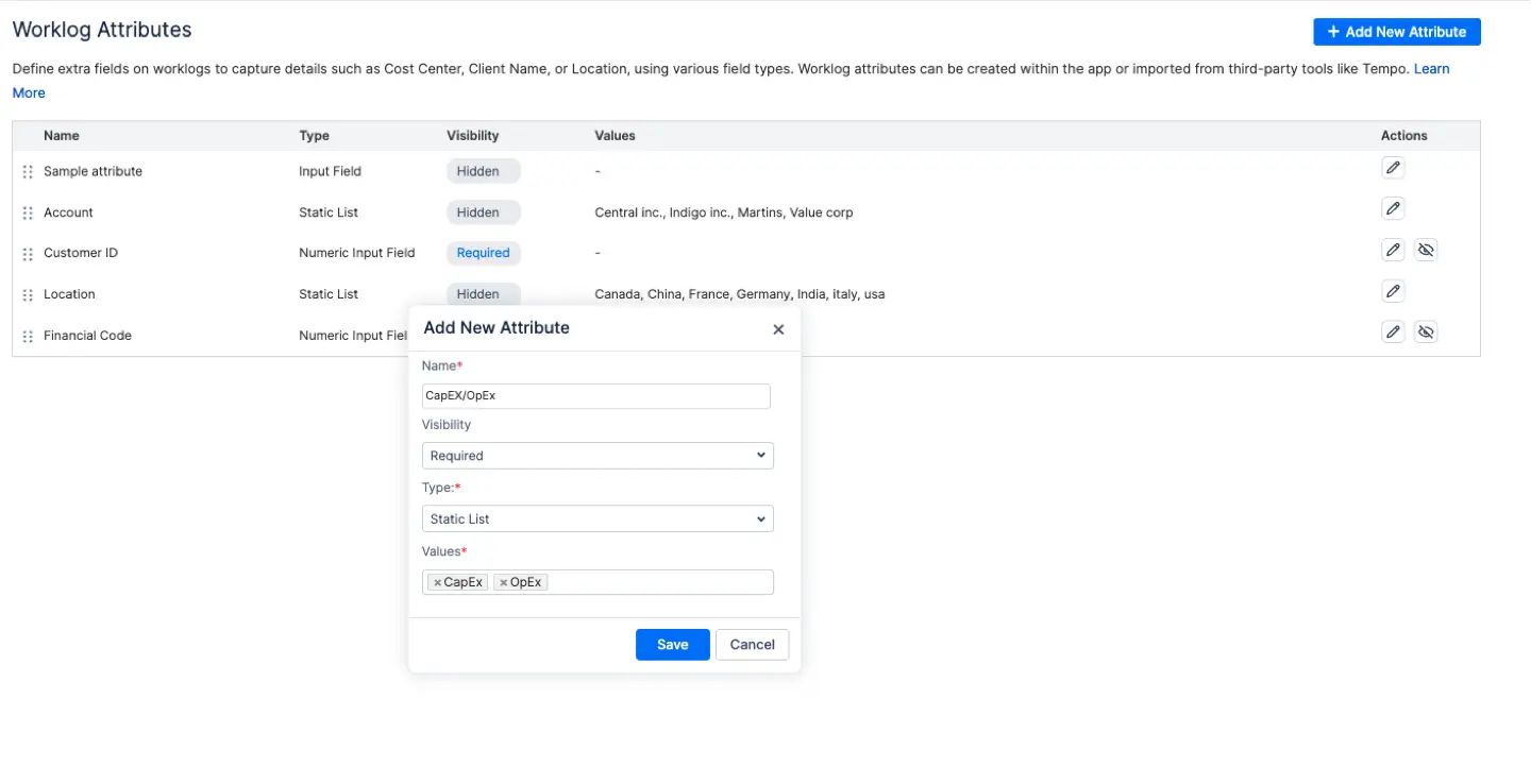 Worklog attributes settings