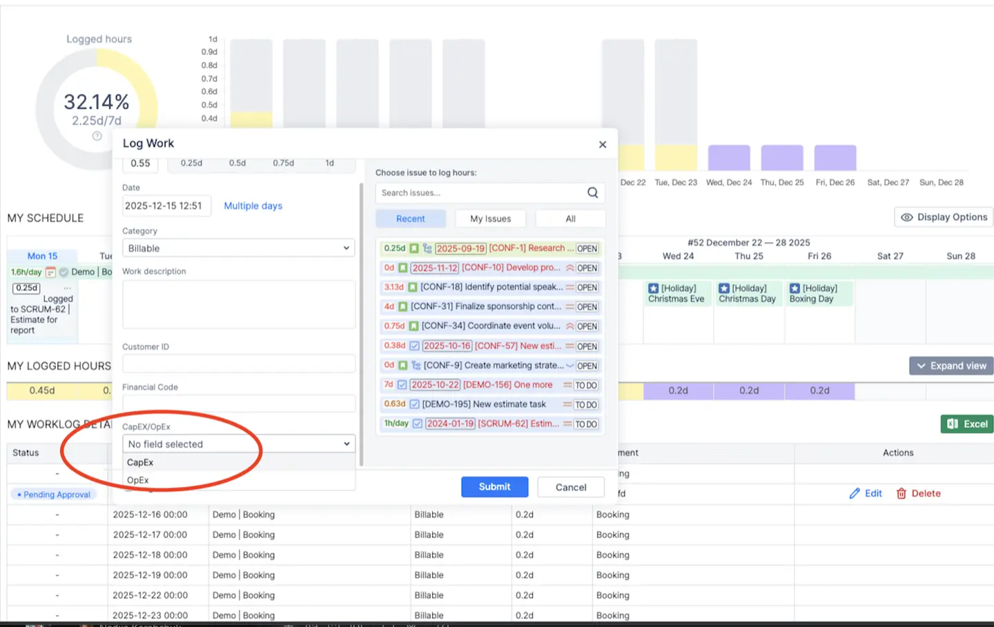 Worklog Attributes in Log Work dialog