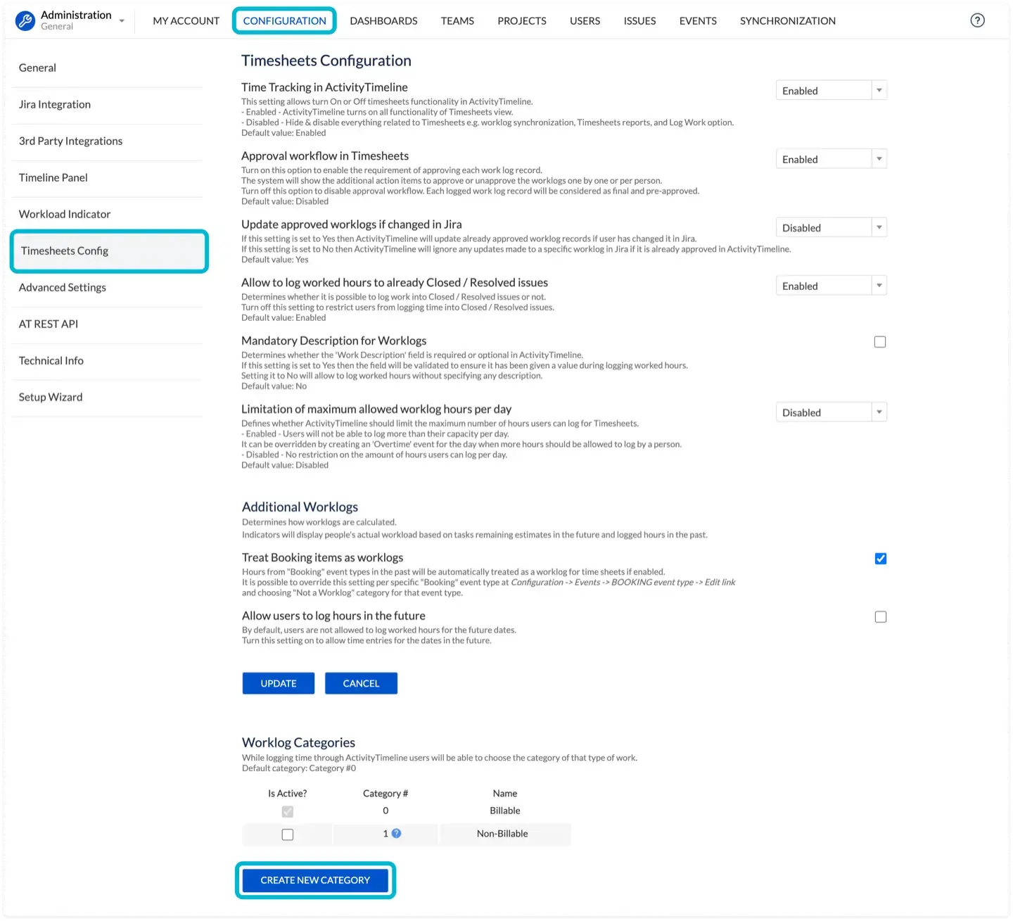 Worklog Categories configuration
