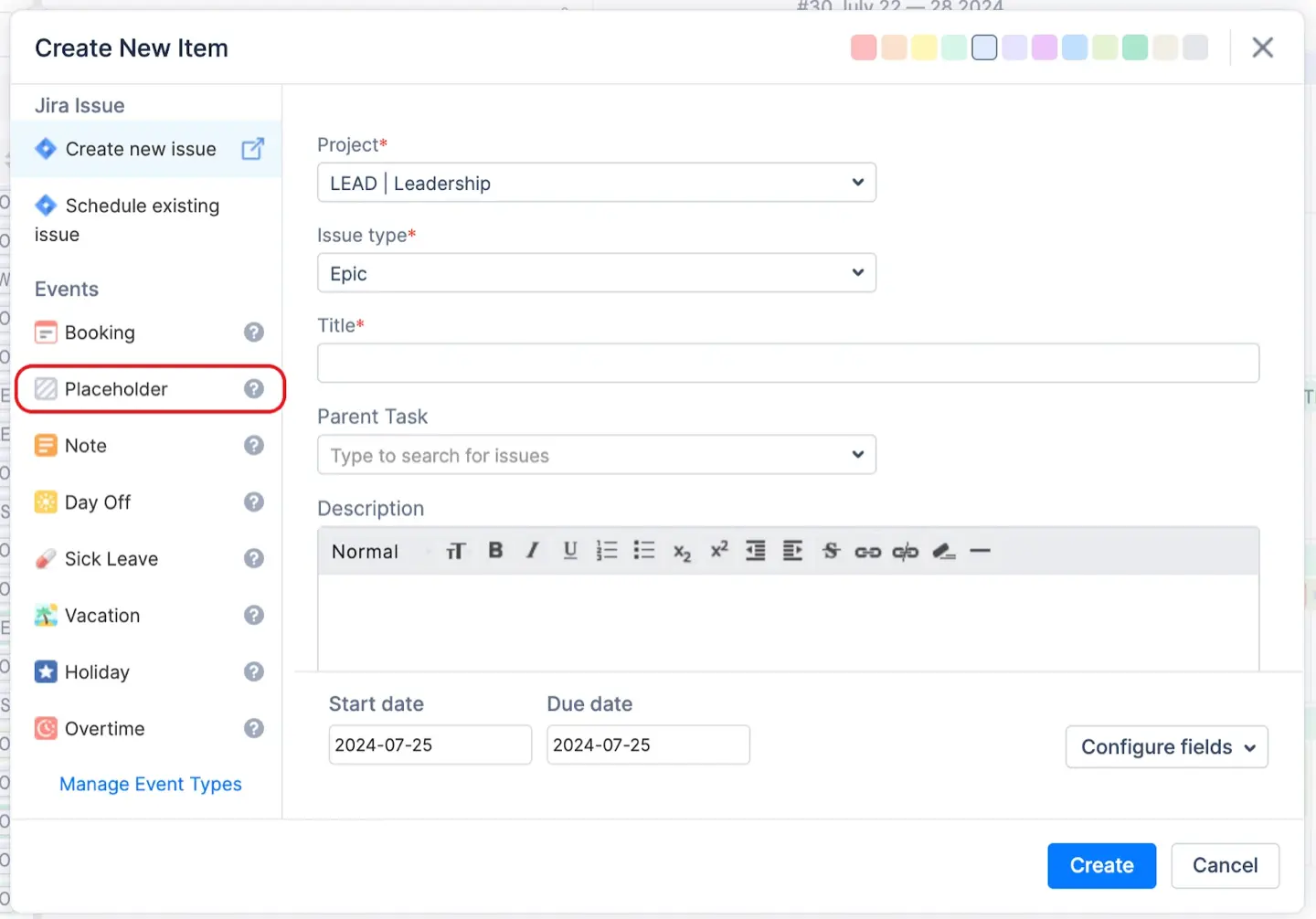 Create New Placeholder Item dialog