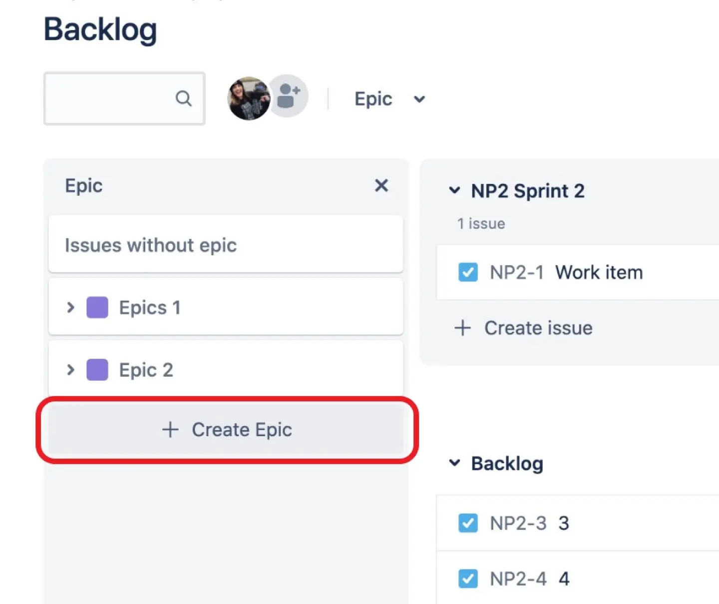 Create Epic within backlog in Jira