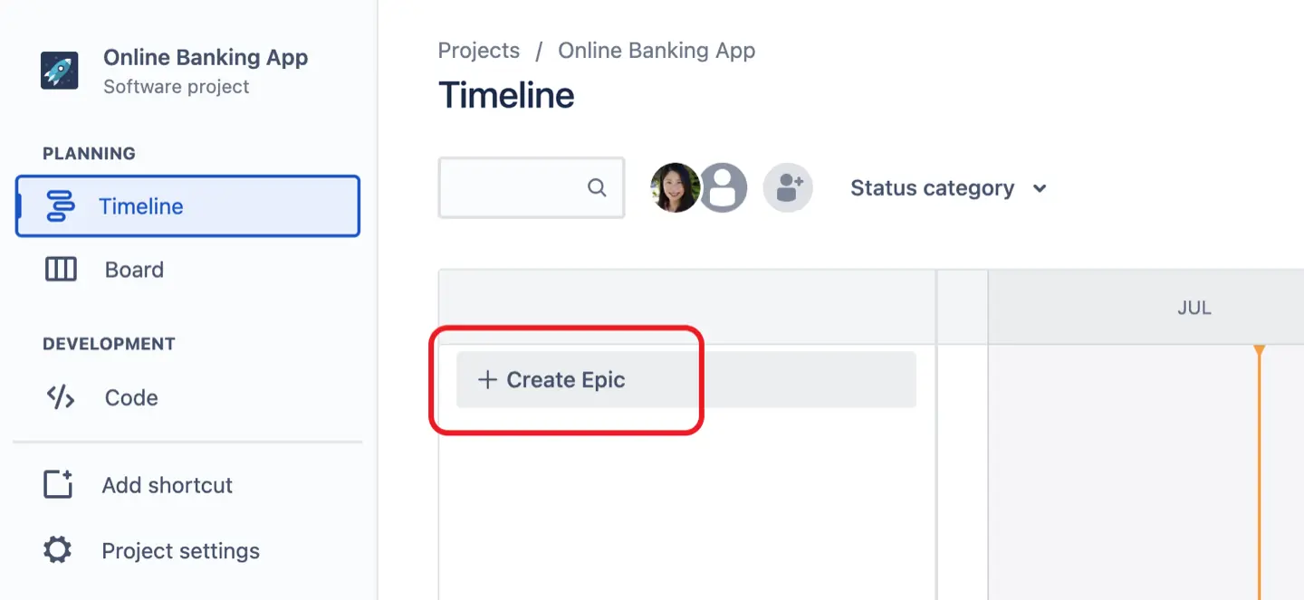 Create Epic” button on the Timeline