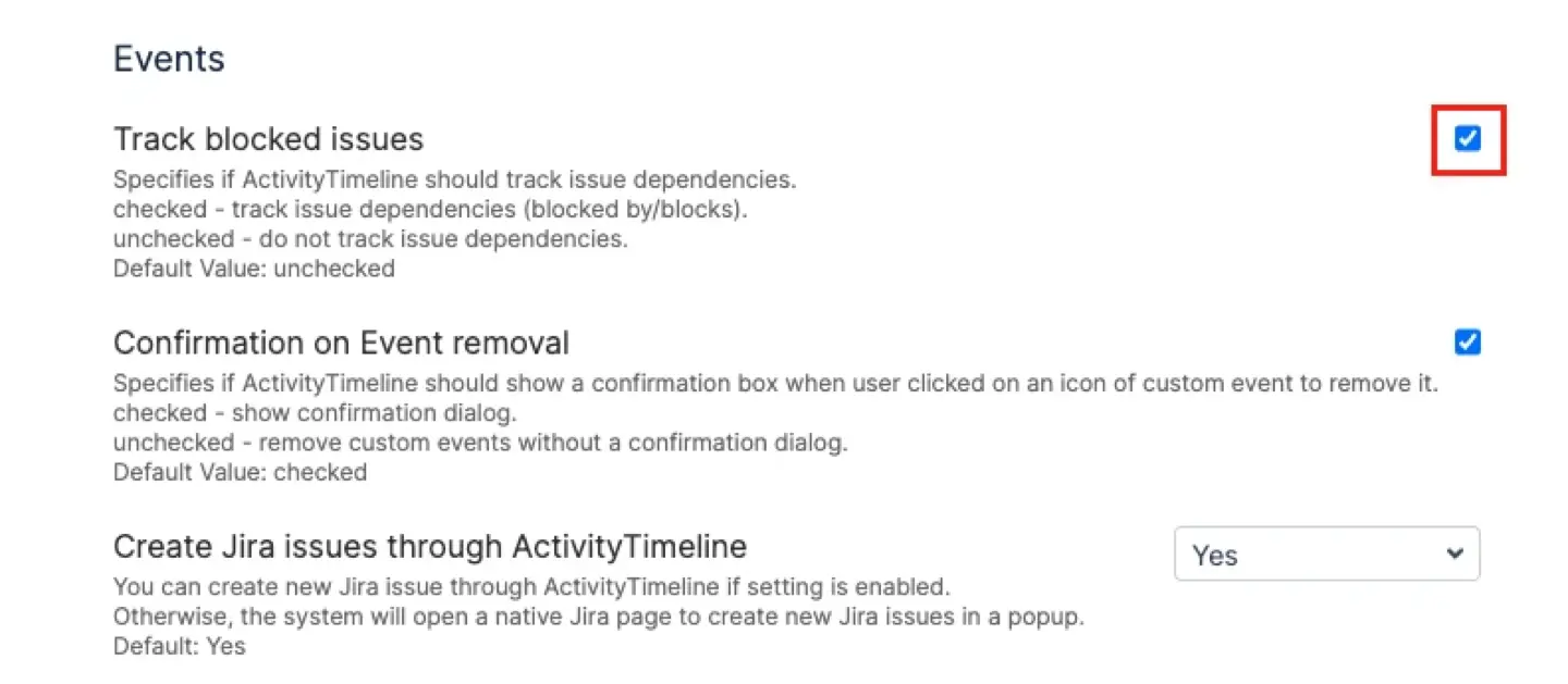 ActivityTimeline Configuration screen showing the ‘Track blocked issues’ checkbox under the Timeline Panel Events section