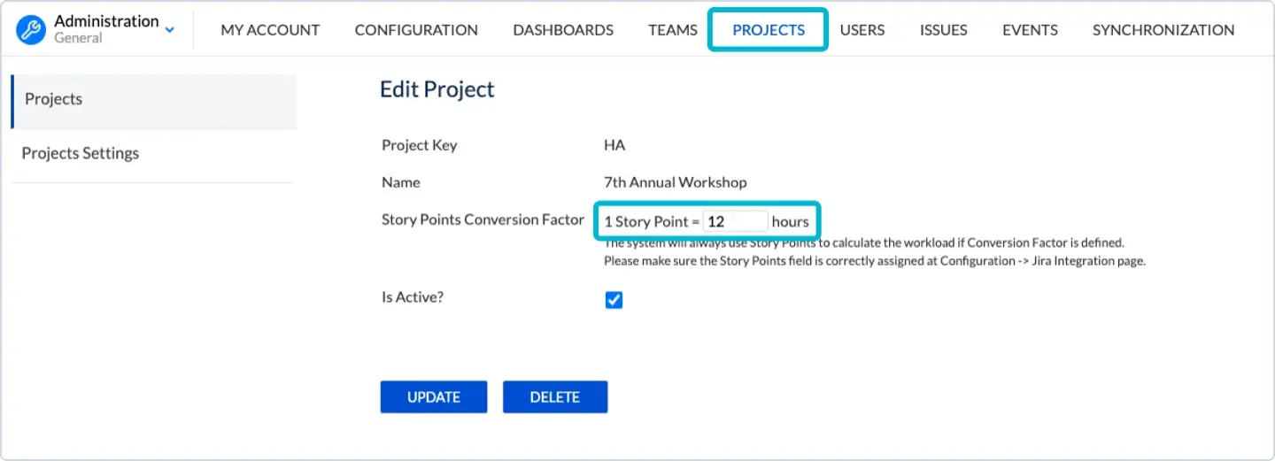 Project configurations for story points