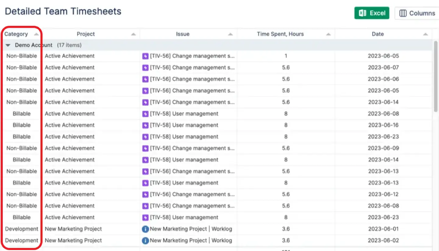 Detailed Team Timesheet’s categories