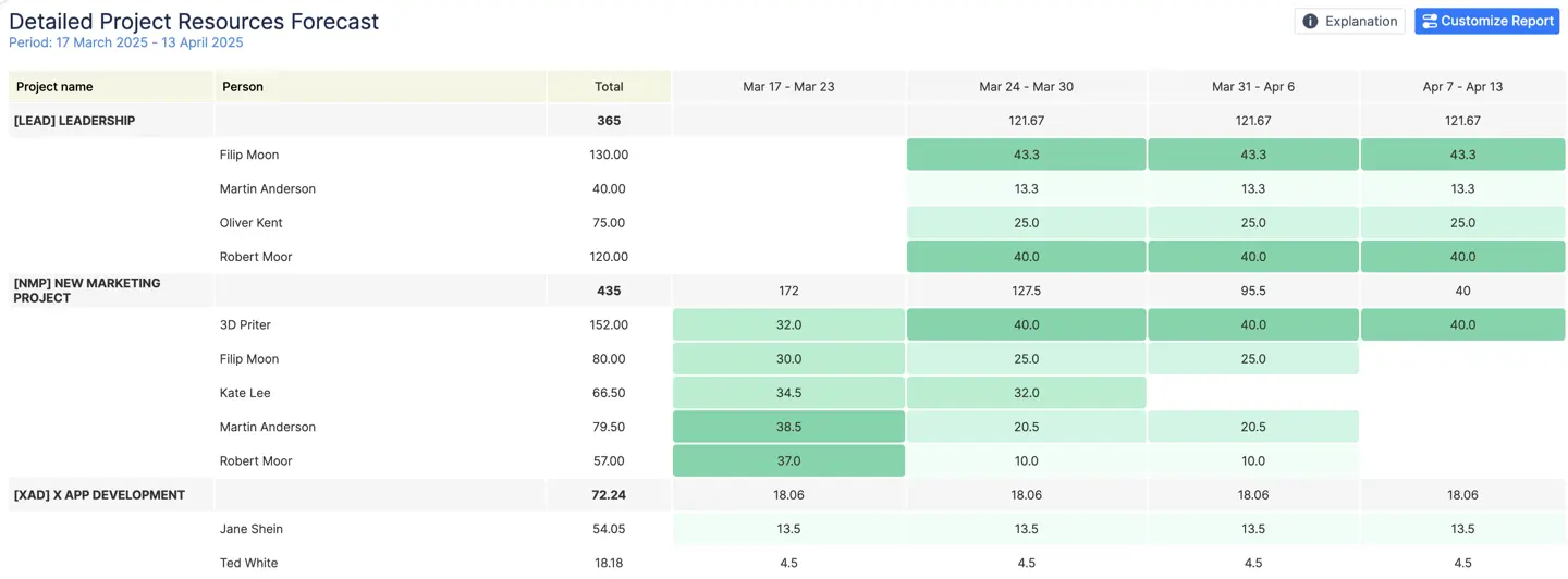 Project Resources Forecast in ActivityTimeline