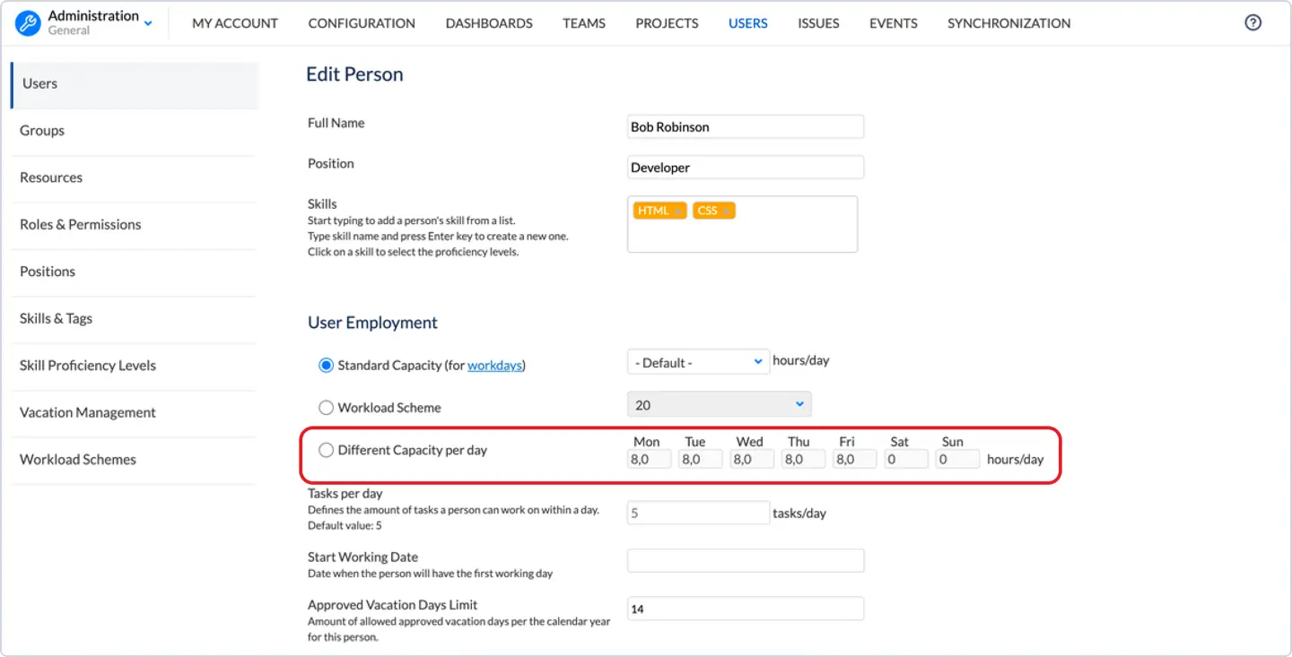 Workload capacity in ActivityTimeline