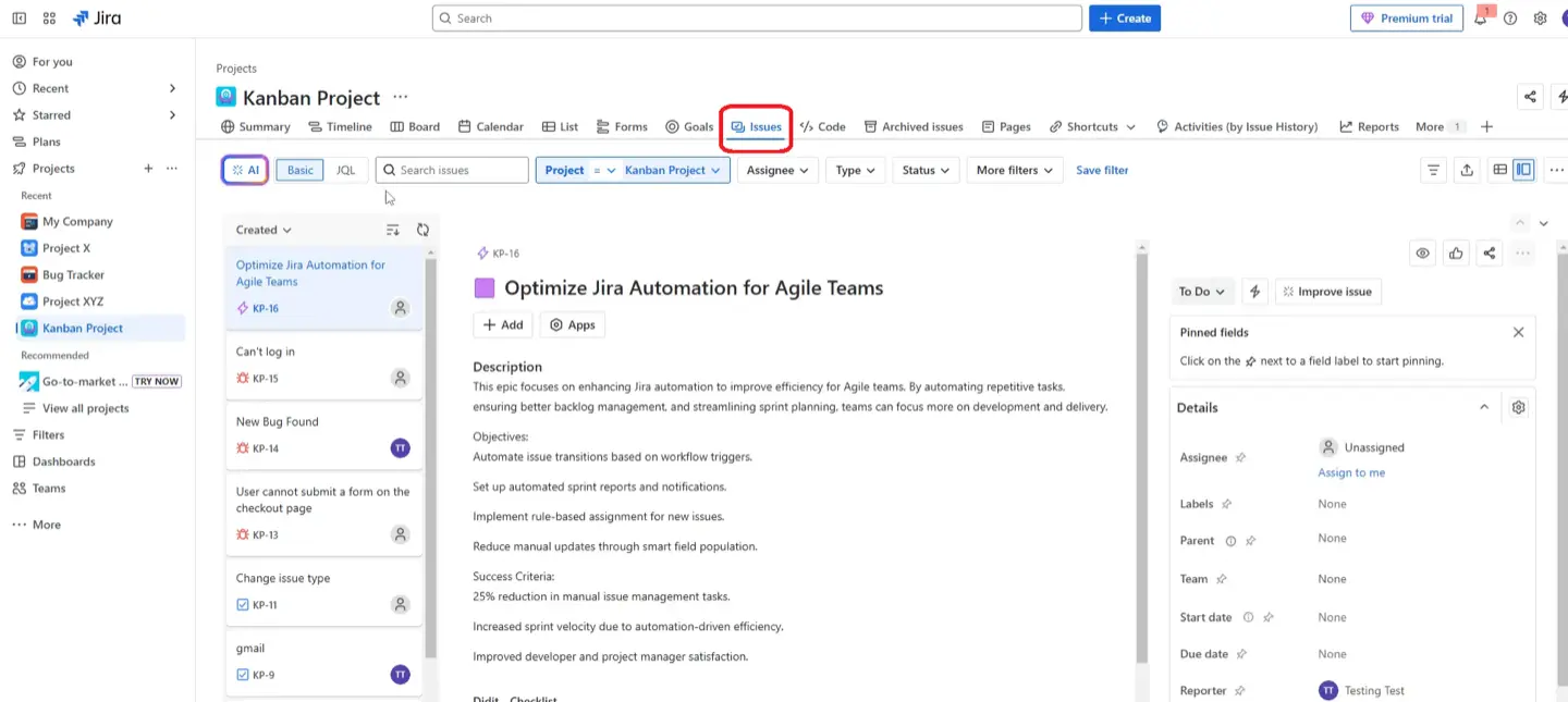 Select "Issues" in Jira