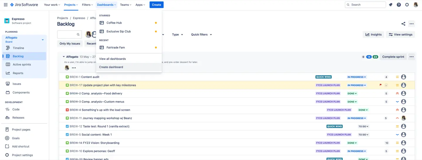 Create a dashboard in Jira