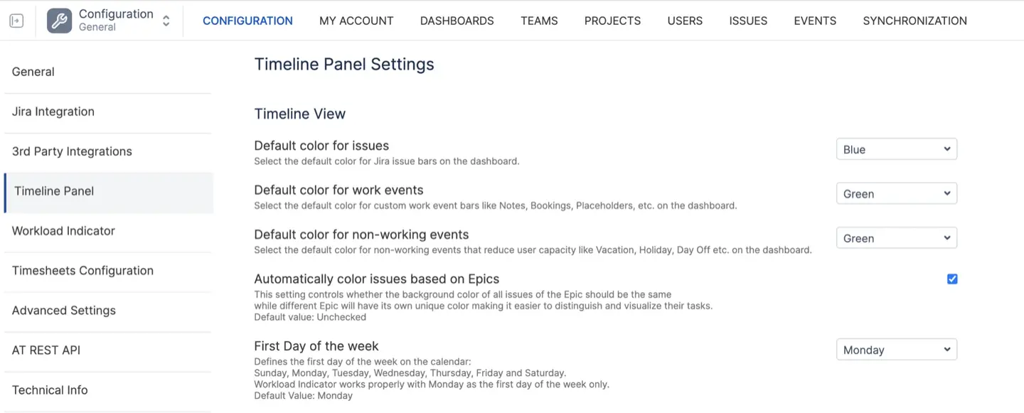Color coding settings for timeline panel
