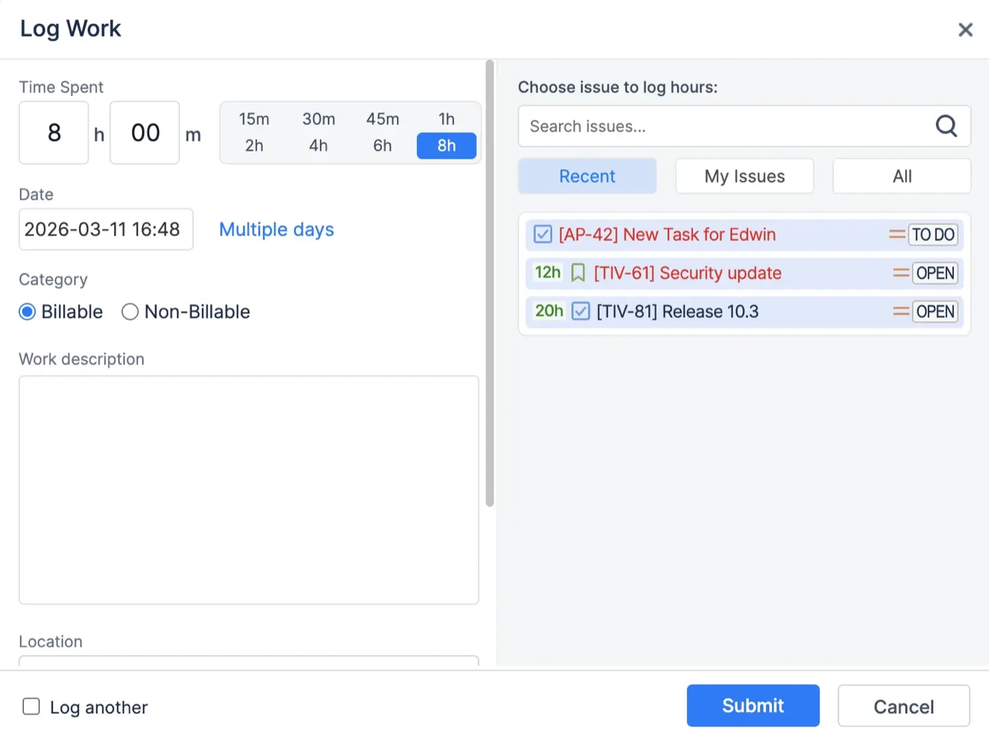 Logging hours from the issue card in ActivityTimeline