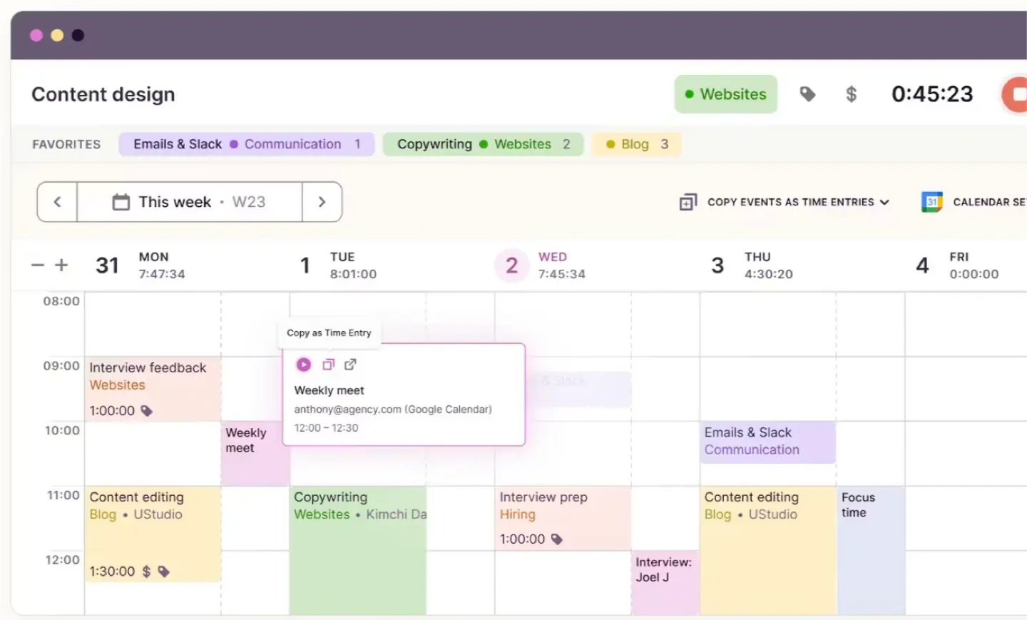 Dashboard in Toggl Track