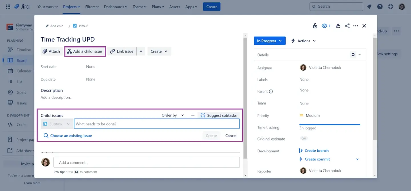 Creating subtasks in Jira