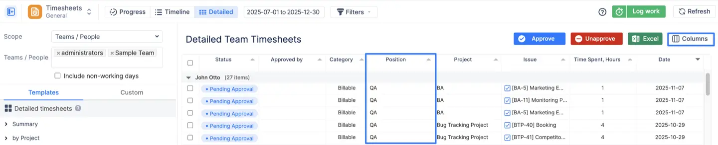 The Position column in Detailed Team Timesheets