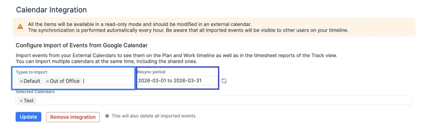 Calendar integration in ActivityTimeline
