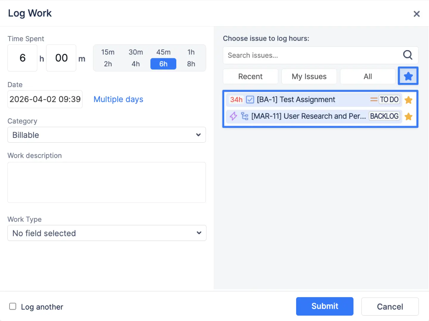 Favourites in Log Work Dialog