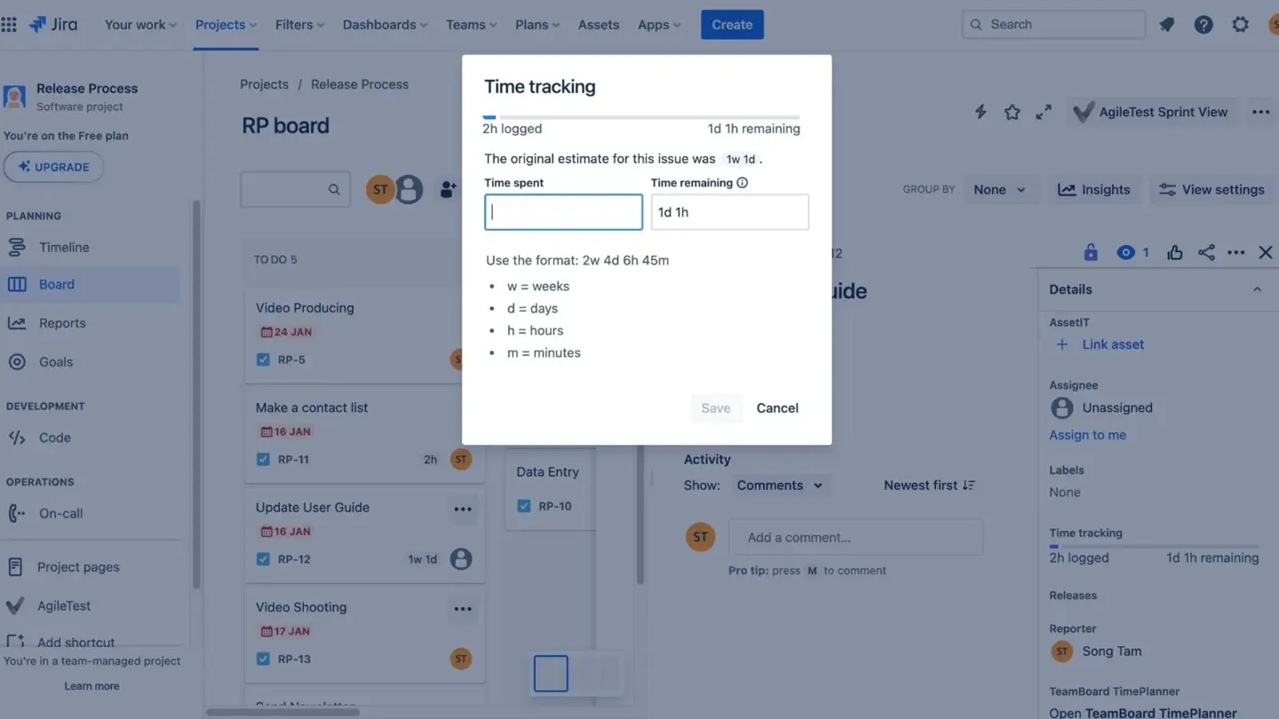 Jira time tracking window