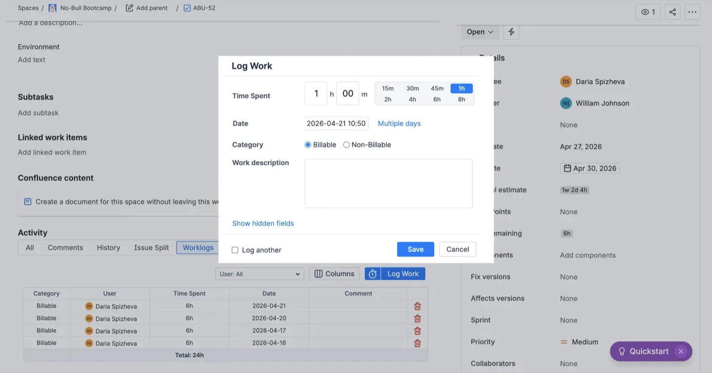 Logging time on Jira issue using ActivityTimeline