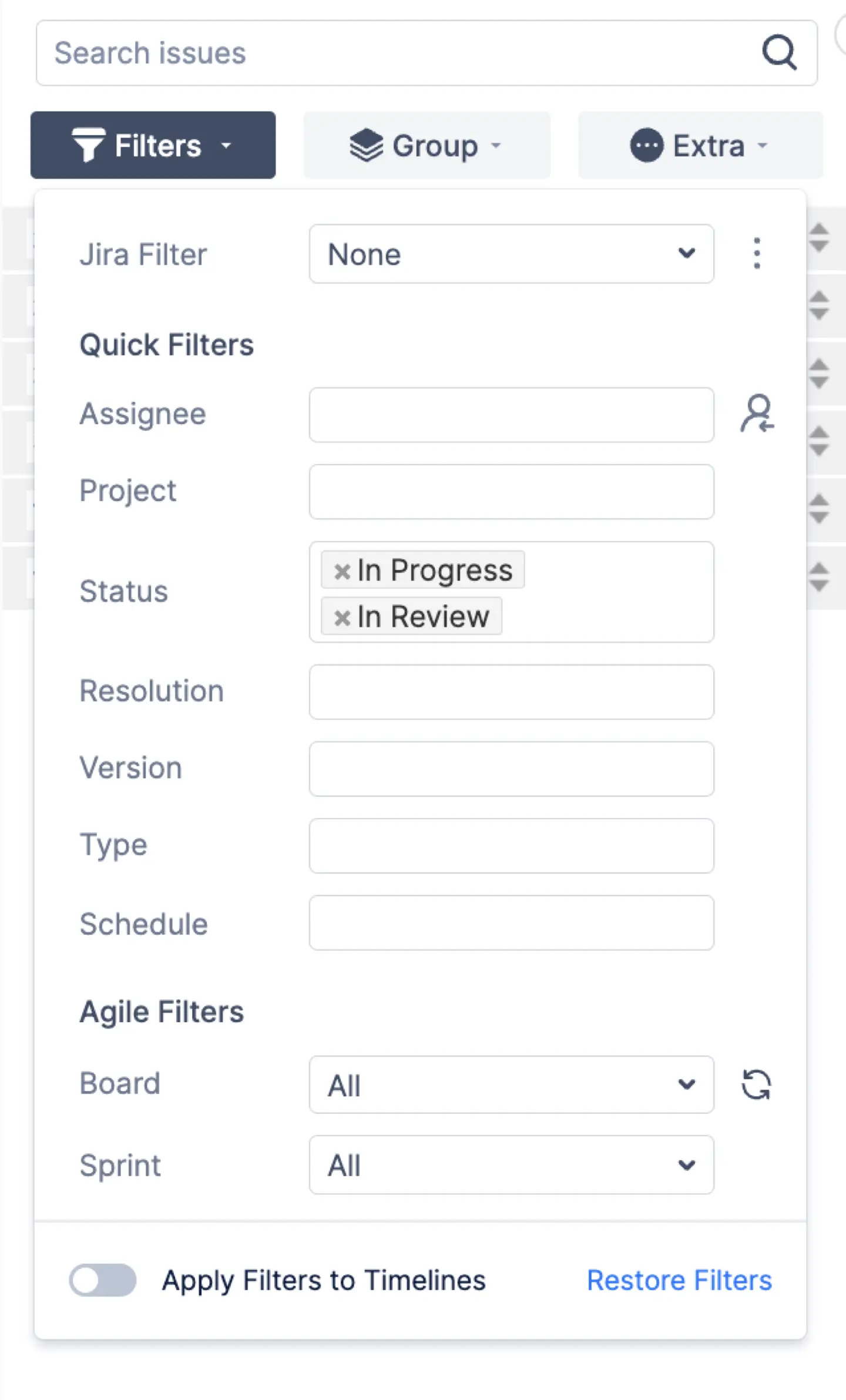 Filters on Issue Panel