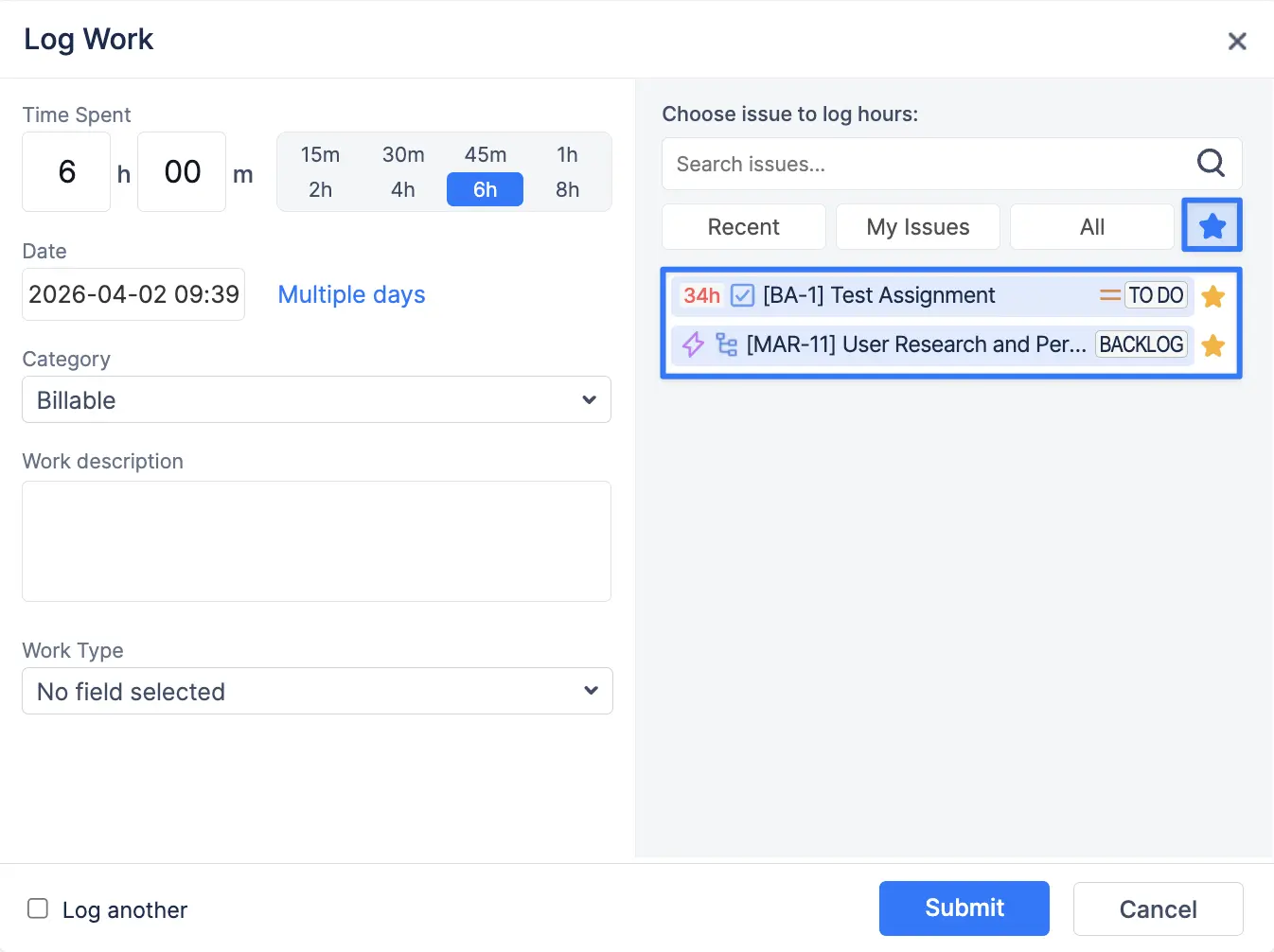 "Favorites" in the Log Work Dialog
