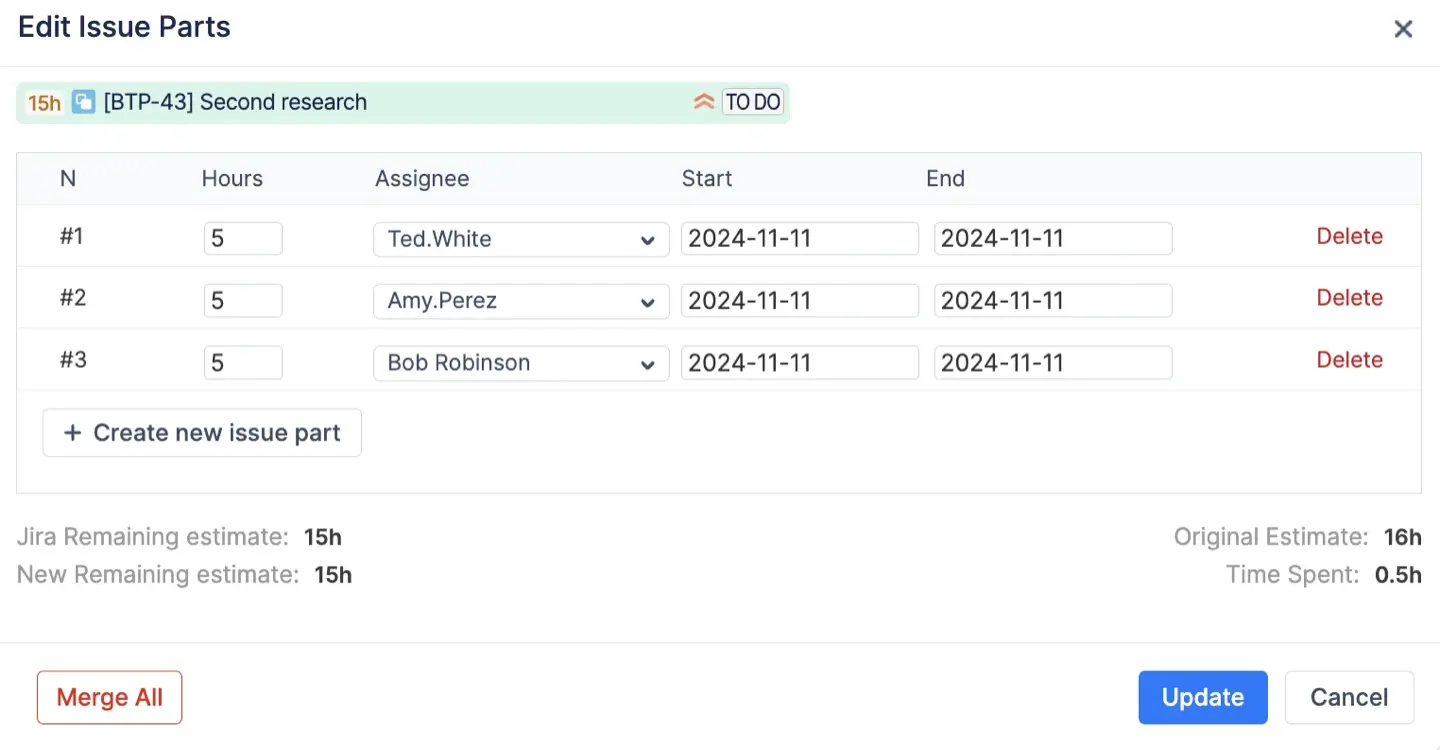 Split Issue Parts in ActivityTimeline