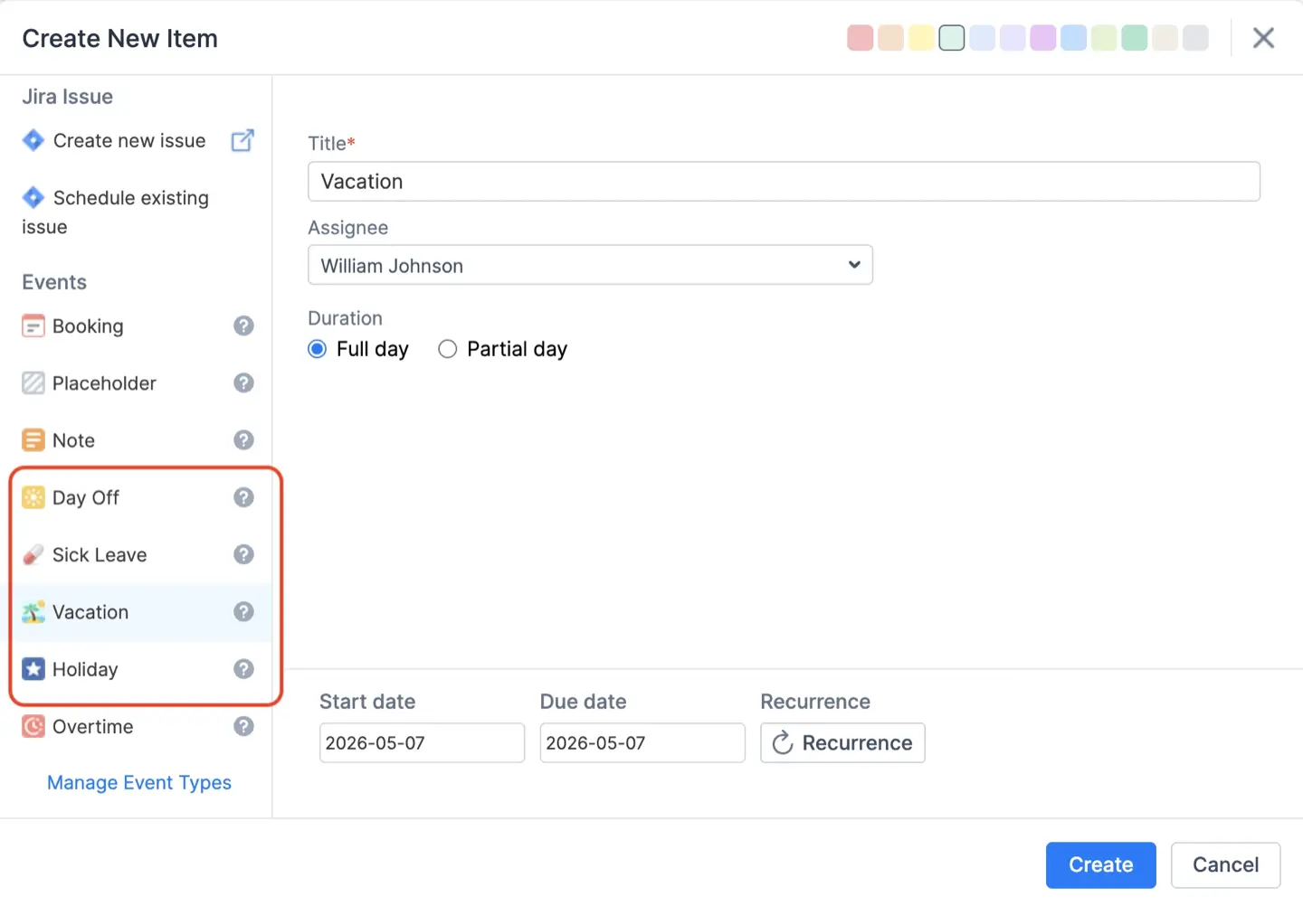 Managing time off in ActivityTimeline