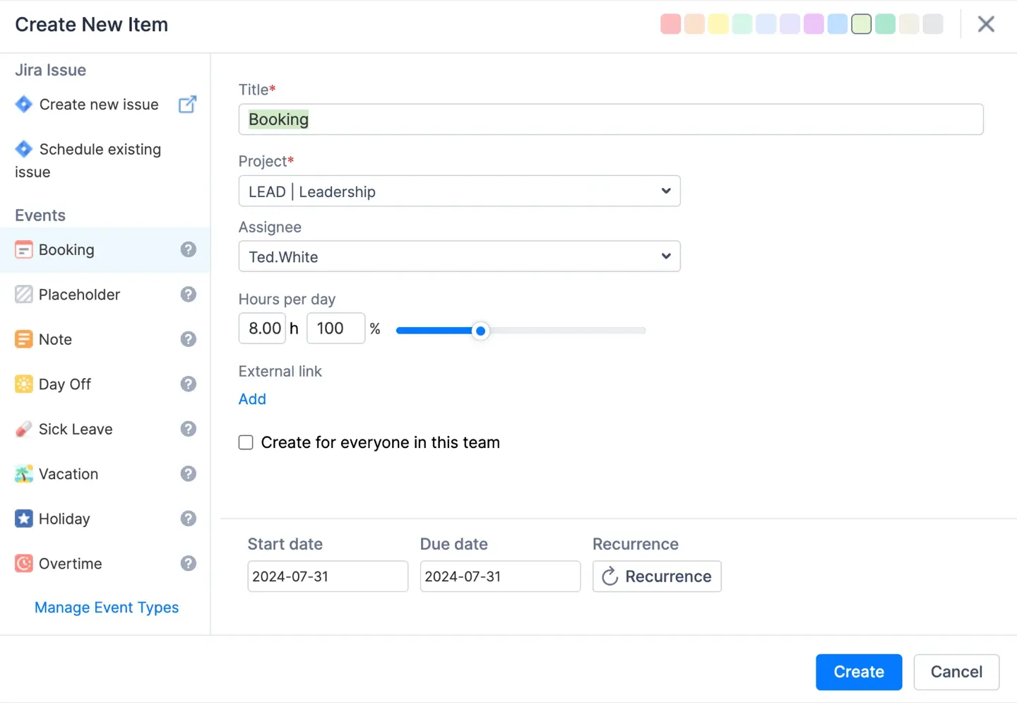 Creating a new Booking event