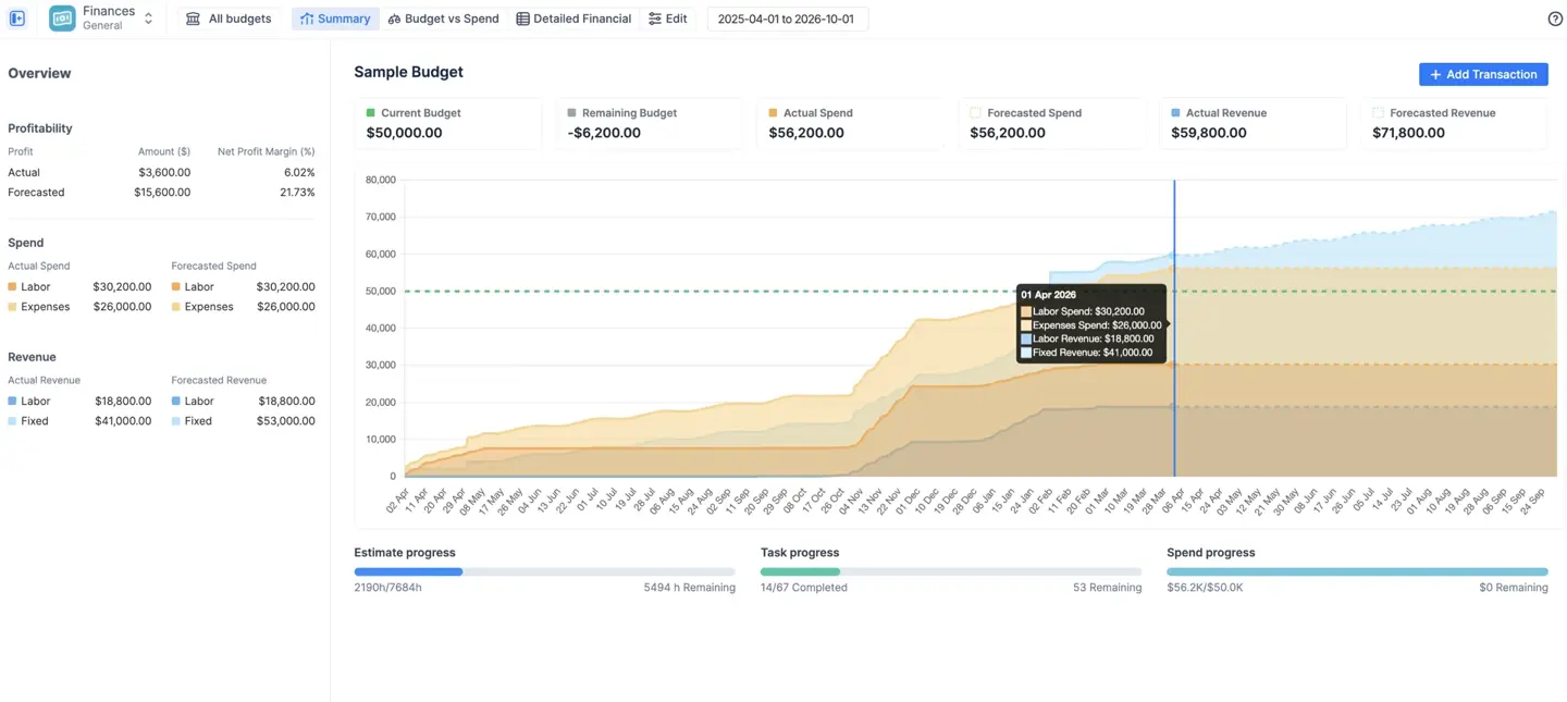 Financial summary in ActivityTimeline
