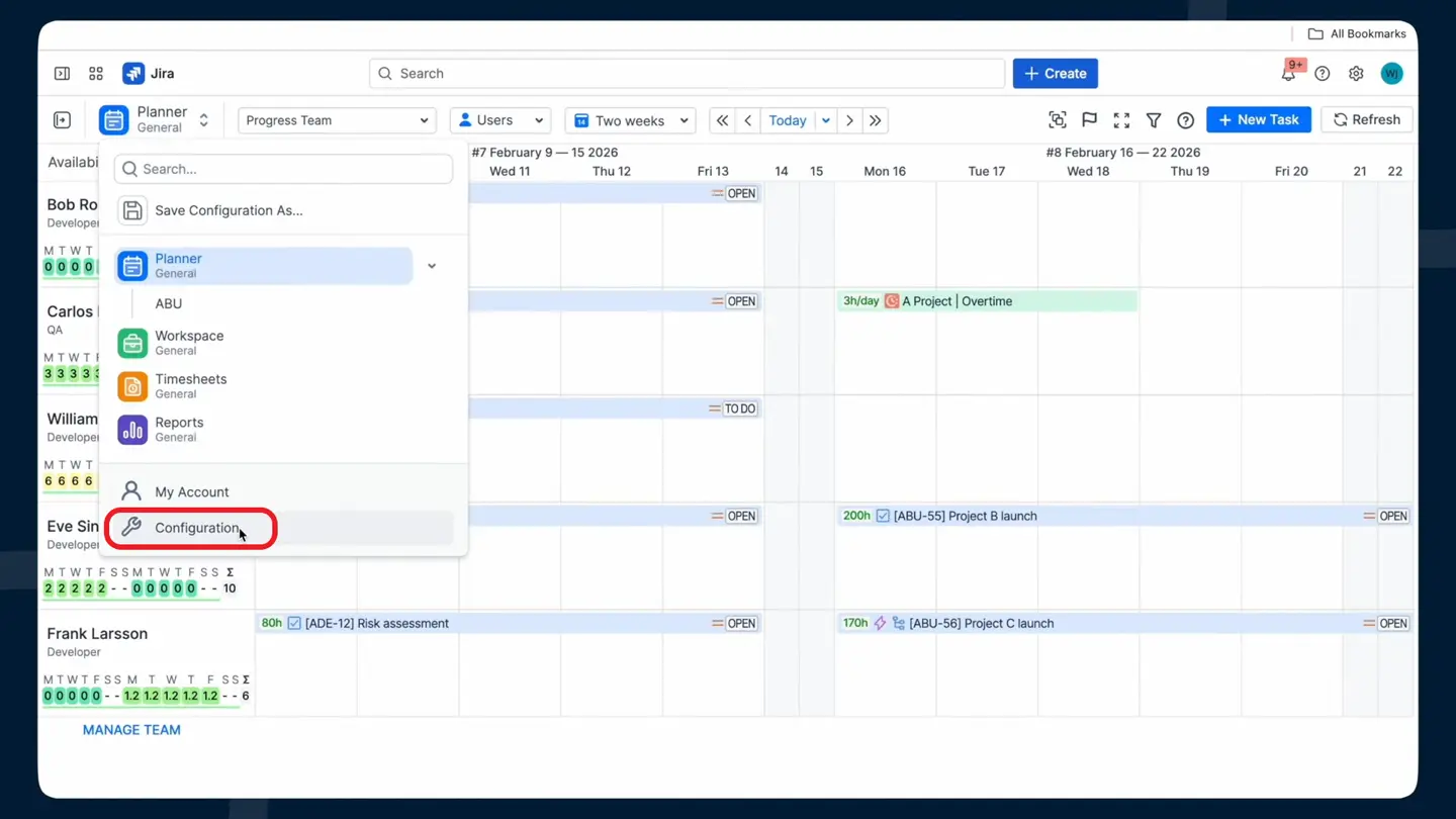 Configuration menu in ActivityTimeline