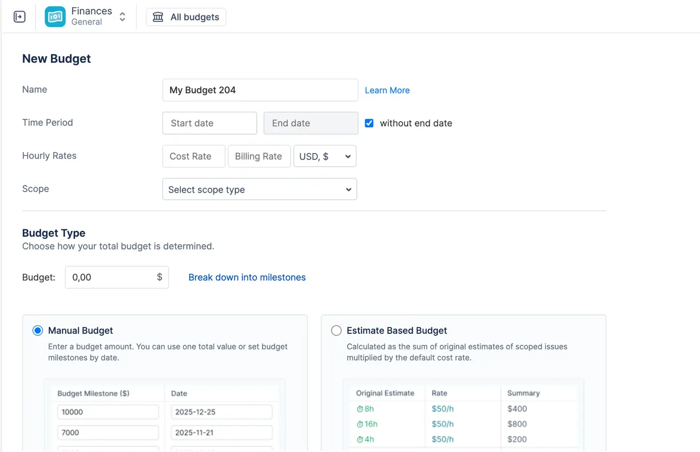 Creating new budgets manually
