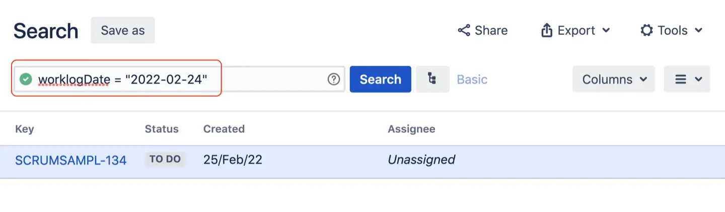 the Jira Issue Navigator in list view with the worklogAuthor / worklogDate JQL in the search bar 
