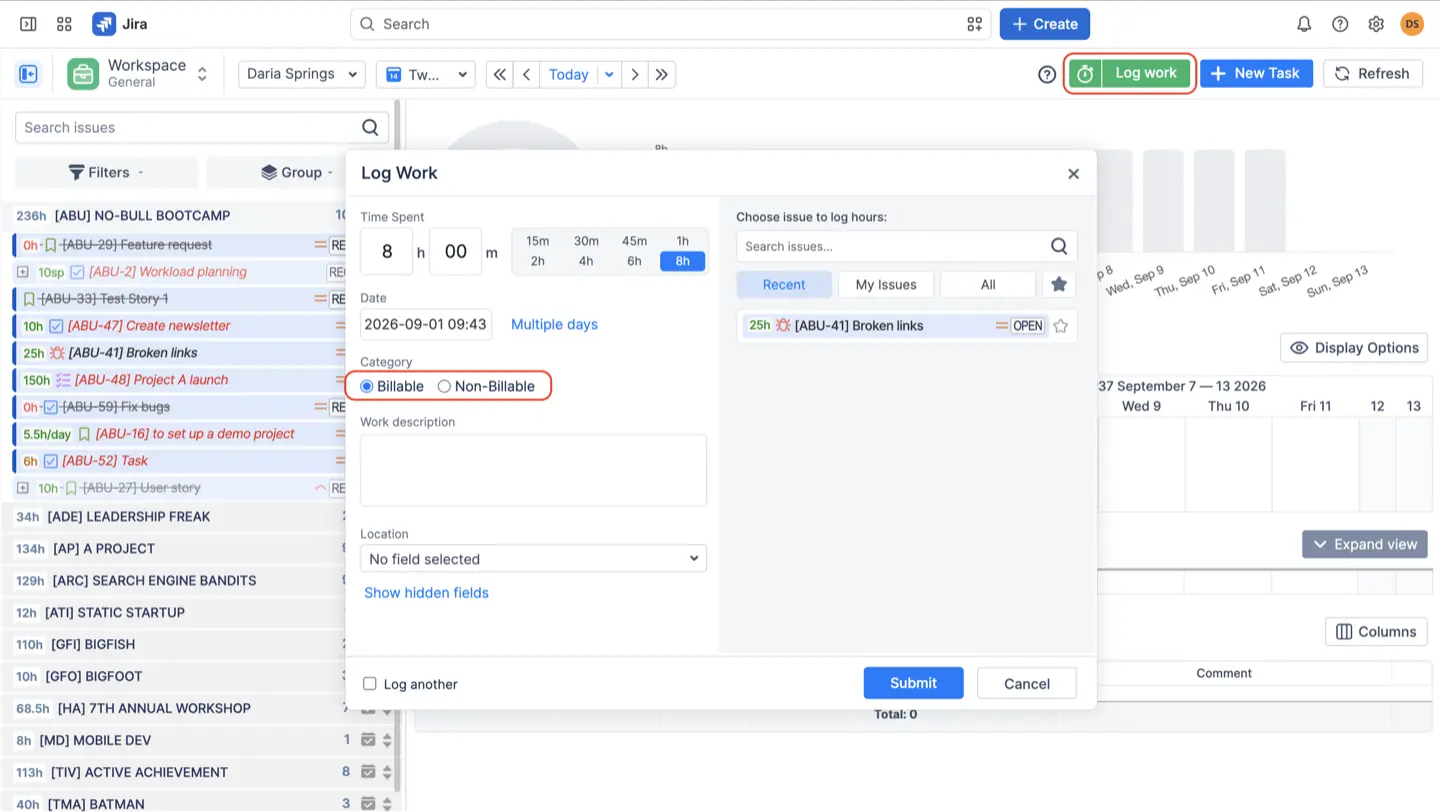 the ActivityTimeline Log Work dialog opened from a Jira issue page, with the worklog category dropdown, the multi-day date range and the favorites list visible.