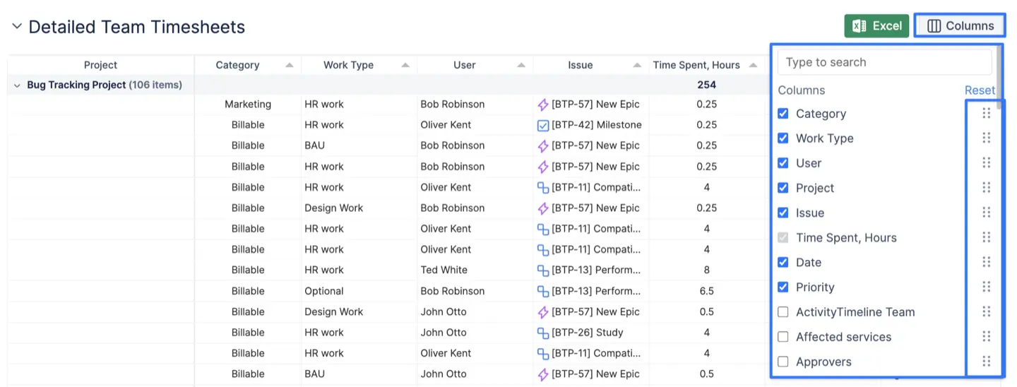 the Detailed timesheet with approval status icons on each entry and the Position column visible
