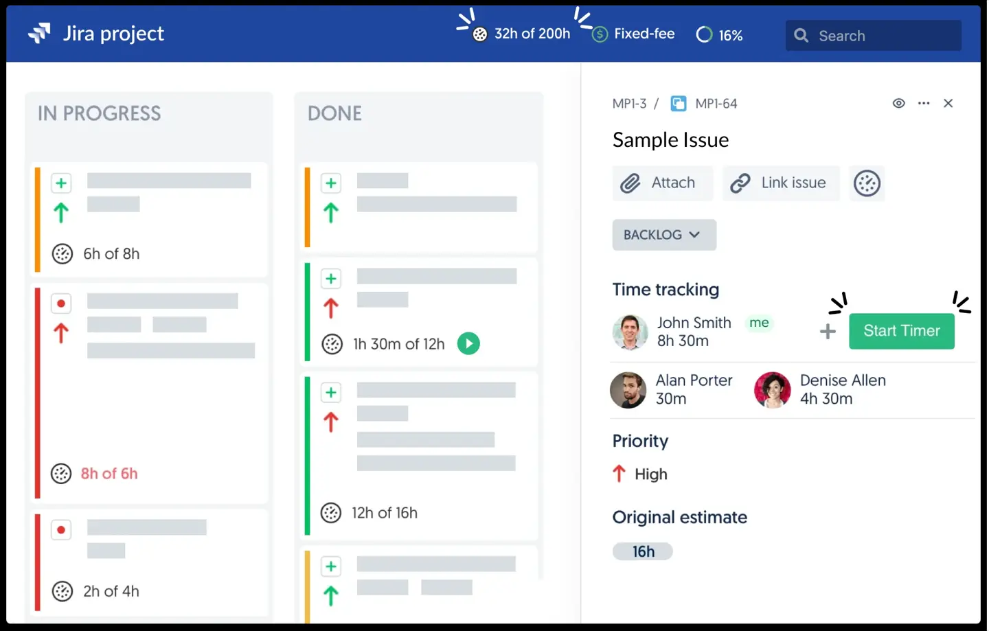 Everhour timer and project budget shown inside a Jira issue.