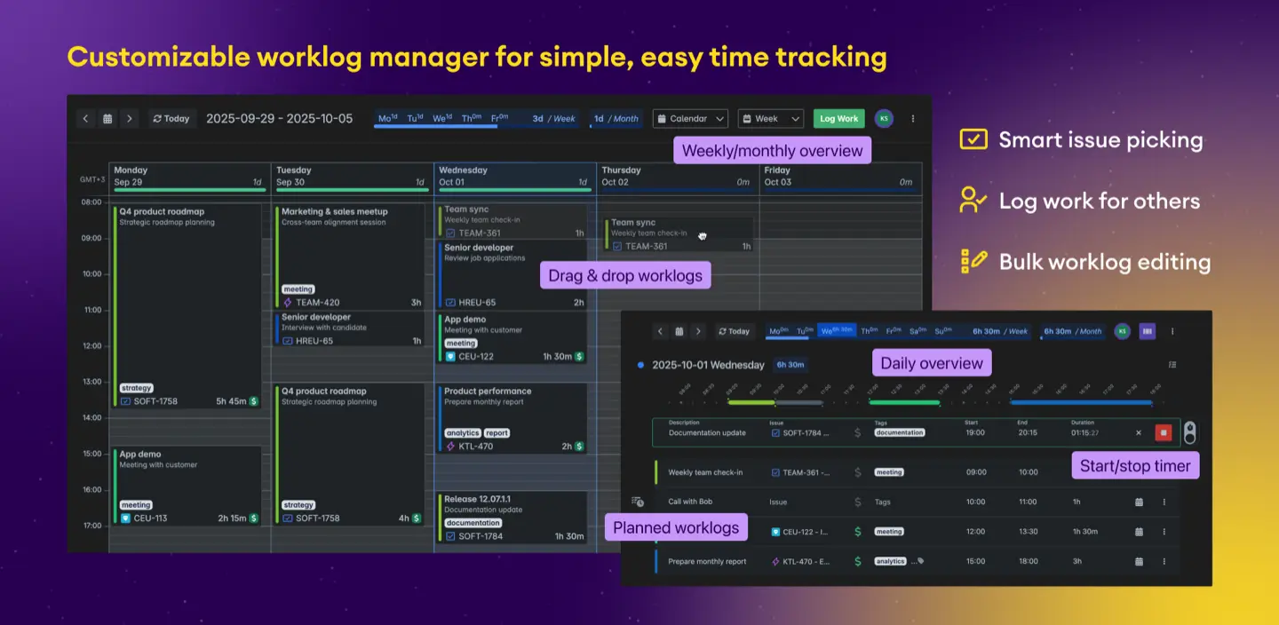 Timetracker for Jira calendar view of one day's worklogs.