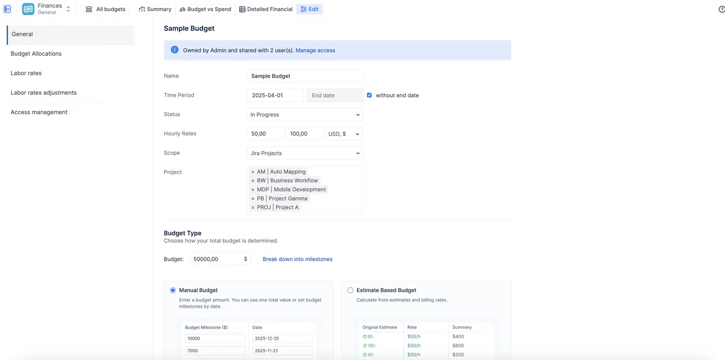 Creating a budget in ActivityTimeline Finances with a project scope and a manual cap.