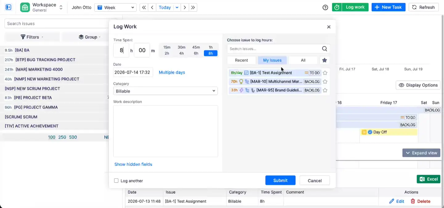 Logging work from a Jira issue with ActivityTimeline, with a billable category.