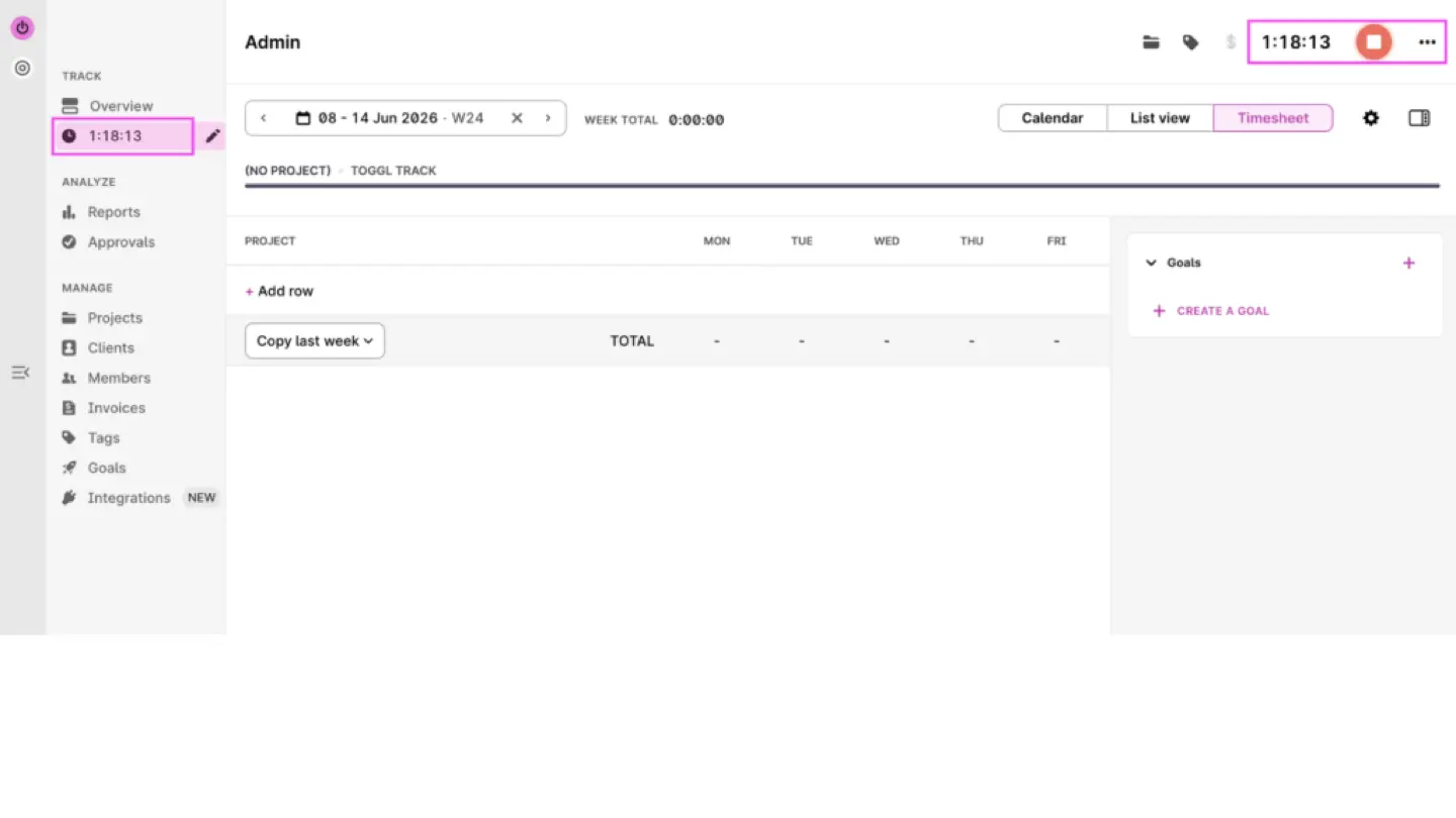 Toggl Track dashboard with active timer