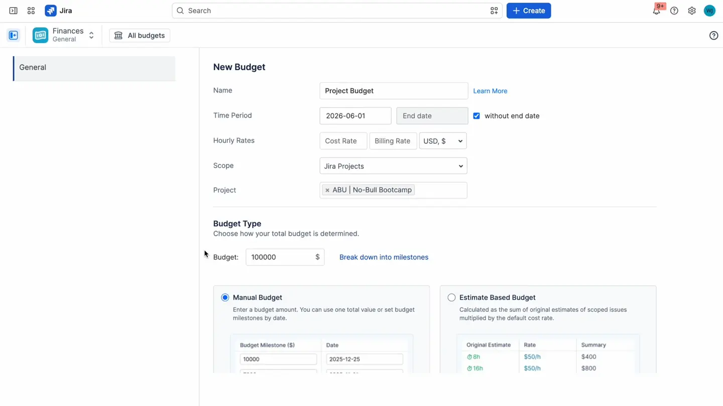 The budget configuration General tab