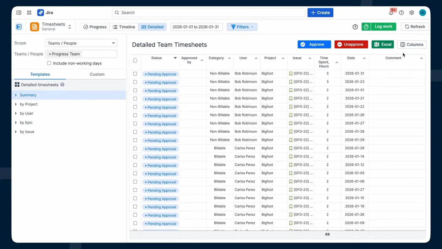 A detailed timesheet grouped by category and client attribute with an Excel export button.